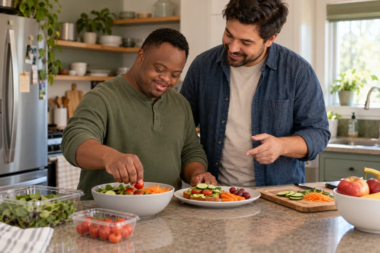 An adult adds tomatoes to a salad he is preparing in his kitchen as a support professional stands beside him offering guidance.